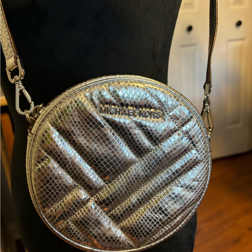 Michael Kors Silver Crossbody Leather Canteen Bag